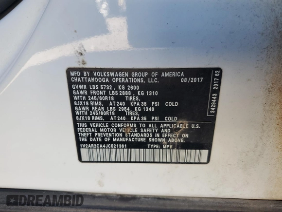 2018 Volkswagen Atlas S z VIN 1V2AR2CA4JC521361, wystawiony jako Copart lot #81990544 z przebiegiem 102 809 mil mil oraz Szkoda całkowita • Salvage title. Historia ofert i sprzedaży dostępna na DreamBid. Obrazek 15.