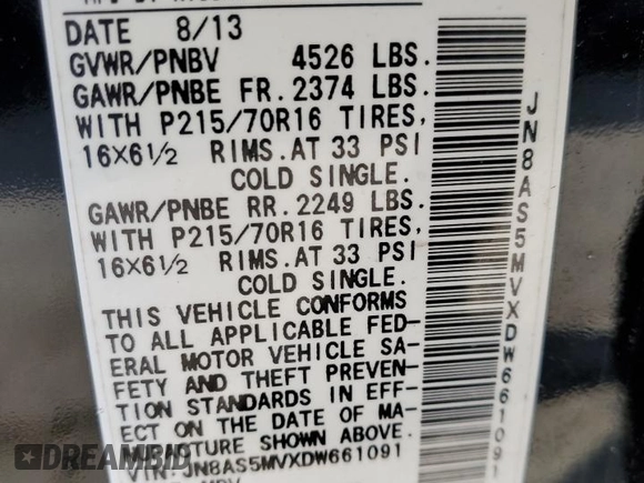 2013 Nissan Rogue S with VIN JN8AS5MVXDW661091, listed as a Copart auction lot 46989145 with 113,261 mi miles and Salvage Title. Bid and sale history available at DreamBid. Image 15.