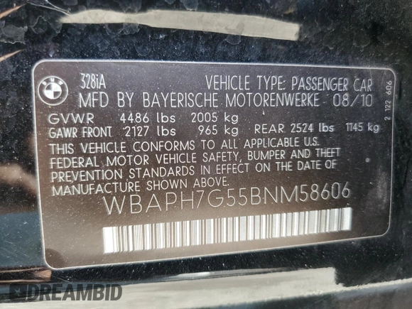 2011 BMW 3 Series 328i with VIN WBAPH7G55BNM58606, listed as a Copart auction lot 43454655 with 203,647 mi miles and Salvage Title. Bid and sale history available at carsss.com. Image 12.