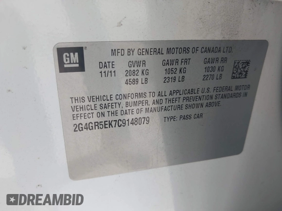 2012 Buick Regal with VIN 2G4GR5EK7C9148079, listed as a IAAI auction lot 42690240 with 128,262 mi miles and . Bid and sale history available at DreamBid. Image 9.