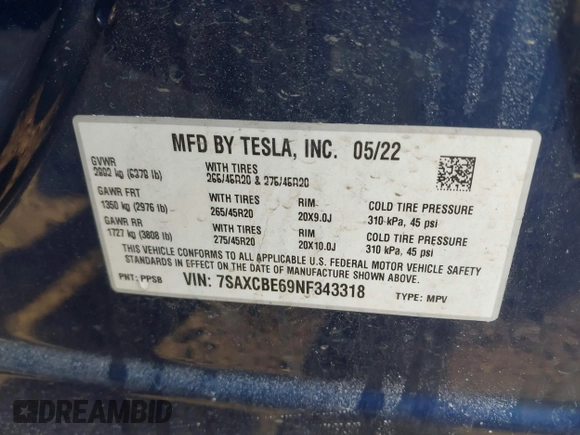 2022 Tesla Model X Plaid z VIN 7SAXCBE69NF343318, wystawiony jako IAAI lot #41387403 z przebiegiem Nie podano mil oraz . Historia ofert i sprzedaży dostępna na DreamBid. Obrazek 9.