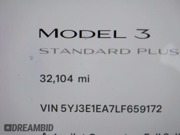 2020 Tesla Model 3 Standard Range Plus with VIN 5YJ3E1EA7LF659172, listed as a IAAI auction lot 42017026 with 32,104 mi miles. Bid and sale history available at carsss.com. Image 15.