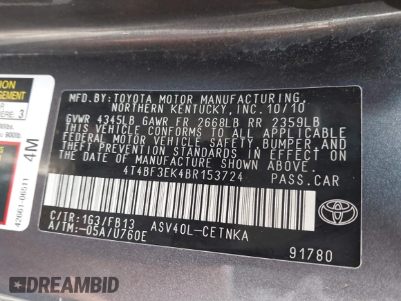 2011 Toyota Camry LE with VIN 4T4BF3EK4BR153724, listed as a IAAI auction lot 42031472 with 122,907 mi miles and . Bid and sale history available at carsss.com. Image 9.
