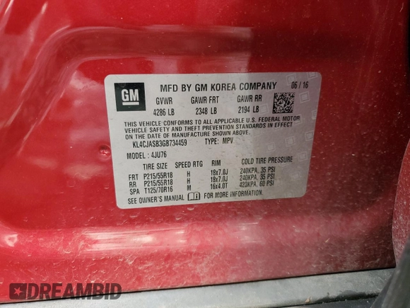 2016 Buick Encore with VIN KL4CJASB3GB734459, listed as a Copart auction lot 46485095 with 116,043 mi miles and Salvage Title. Bid and sale history available at carsss.com. Image 13.