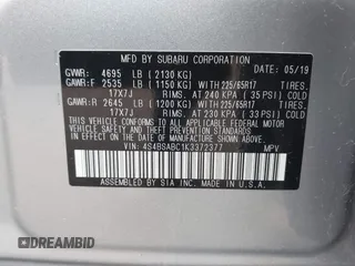 2019 Subaru Outback with VIN 4S4BSABC1K3372377, listed as a IAAI auction lot 42256614 with 42,822 mi miles and . Bid and sale history available at DreamBid. Image 9.
