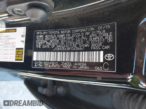 2015 Toyota Prius Four with VIN JTDKN3DU8F0438461, listed as a IAAI auction lot 41981713 with 120,257 mi miles. Bid and sale history available at carsss.com. Image 9.