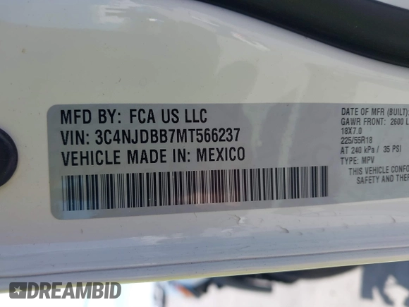 2021 Jeep Compass Latitude with VIN 3C4NJDBB7MT566237, listed as a IAAI auction lot 41747738 with 33,395 mi miles and . Bid and sale history available at DreamBid. Image 9.