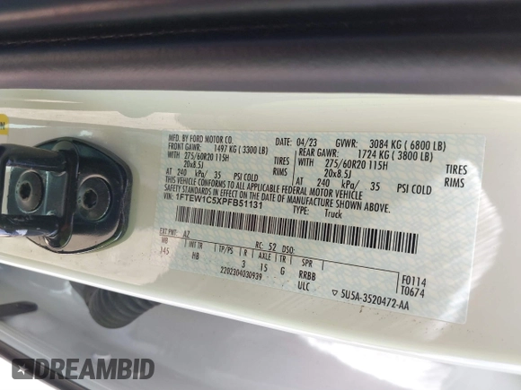 2023 Ford F-150 XL with VIN 1FTEW1C5XPFB51131, listed as a IAAI auction lot 41796307 with 31,068 mi miles and . Bid and sale history available at DreamBid. Image 9.