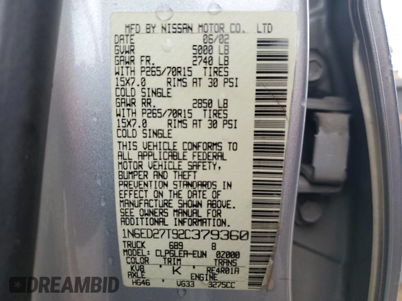 2002 Nissan Frontier SE with VIN 1N6ED27T92C379360, listed as a Copart auction lot 51235495 with 230,598 mi miles and Salvage title. Bid and sale history available at DreamBid. Image 13.
