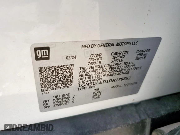 2024 Chevrolet Tahoe Commercial with VIN 1GNSCLED1RR178853, listed as a Copart auction lot 61060615 with 16,145 mi miles and Salvage title. Bid and sale history available at DreamBid. Image 13.