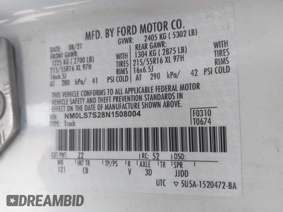 2022 Ford Transit Connect XL with VIN NM0LS7S28N1508004, listed as a IAAI auction lot 41369448 with 64,413 mi miles and . Bid and sale history available at DreamBid. Image 9.