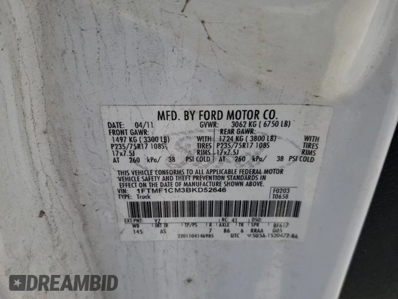 2011 Ford F-150 XL with VIN 1FTMF1CM3BKD52646, listed as a Copart auction lot 50737375 with 211,244 mi miles and Salvage title. Bid and sale history available at DreamBid. Image 14.