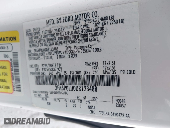 2013 Ford Fusion SE Hybrid with VIN 3FA6P0LU0DR123488, listed as a IAAI auction lot 41869121 with 176,287 mi miles. Bid and sale history available at carsss.com. Image 9.