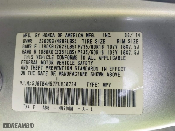 2015 Acura RDX Tech Pkg with VIN 5J8TB4H57FL008734, listed as a IAAI auction lot 41891041 with 127,156 mi miles. Bid and sale history available at carsss.com. Image 9.