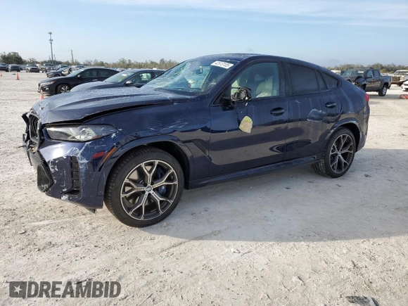 2025 BMW X6 M60i with VIN 5UX43EX01S9X19069, listed as a Copart auction lot 42613105 with 6,909 mi miles and Salvage Title. Bid and sale history available at carsss.com. Image 1.