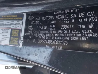2019 Kia Forte LXS with VIN 3KPF24AD8KE032525, listed as a IAAI auction lot 41527715 with 33,561 mi miles and . Bid and sale history available at carsss.com. Image 9.