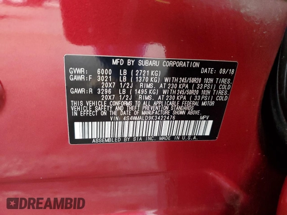 2019 Subaru Ascent Limited with VIN 4S4WMALD9K3422476, listed as a Copart auction lot 62397875 with 108,149 mi miles and Salvage title. Bid and sale history available at DreamBid. Image 13.