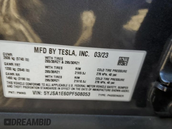 2023 Tesla Model S Plaid с VIN 5YJSA1E60PF508053, выставлен на аукционе Copart как лот 78726204 с пробегом Не указан миль и Списание • Salvage title. История ставок и продаж доступна на DreamBid. Изображение 12.