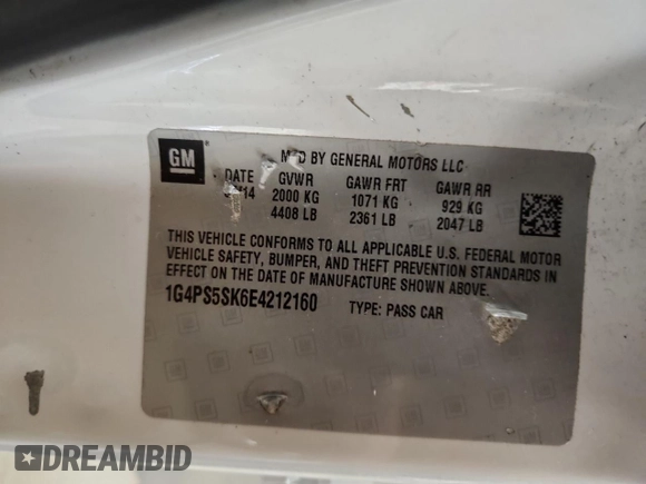 2014 Buick Verano Group with VIN 1G4PS5SK6E4212160, listed as a Copart auction lot 58590205 with 189,735 mi miles and Clean title. Bid and sale history available at DreamBid. Image 12.