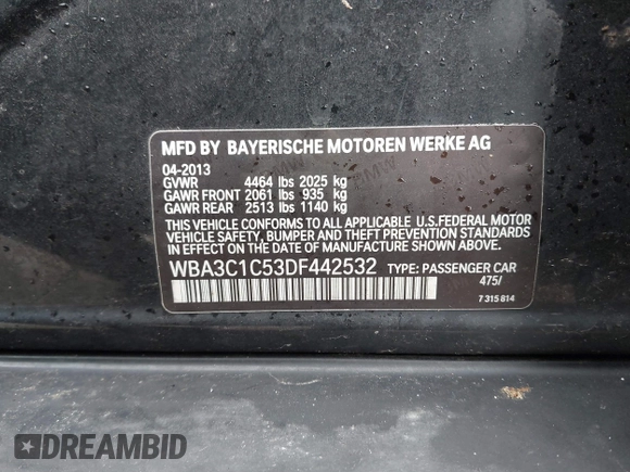 2013 BMW 3 Series 328i with VIN WBA3C1C53DF442532, listed as a IAAI auction lot 41945247 with 92,065 mi miles. Bid and sale history available at carsss.com. Image 9.