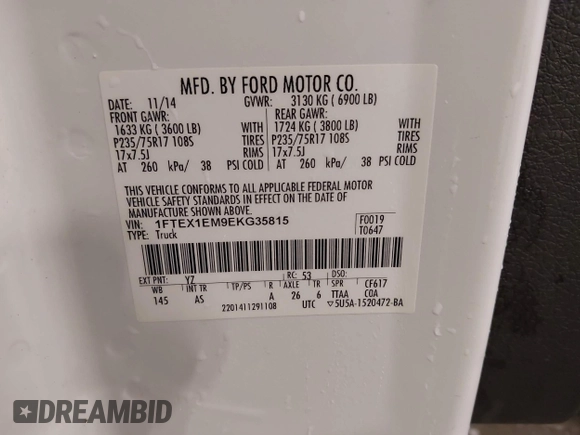 2014 Ford F-150 XL with VIN 1FTEX1EM9EKG35815, listed as a IAAI auction lot 42193682 with 267,087 mi miles and . Bid and sale history available at DreamBid. Image 9.