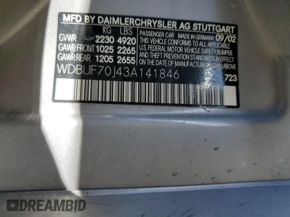 2003 Mercedes-Benz E-Class 5.0L with VIN WDBUF70J43A141846, listed as a Copart auction lot 49706765 with 199,428 mi miles and Salvage Title. Bid and sale history available at carsss.com. Image 12.