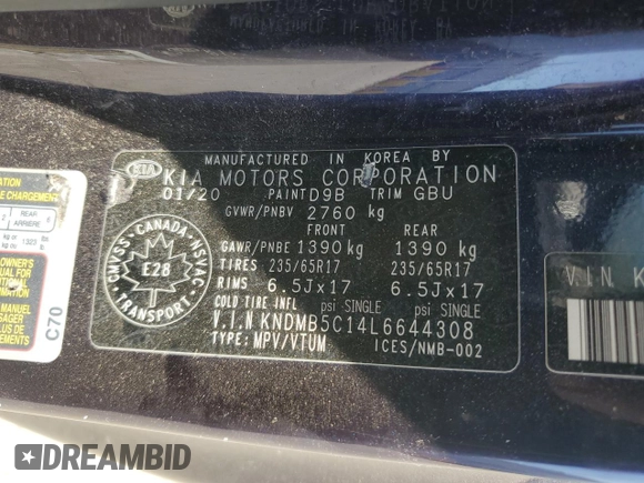 2020 Kia Sedona EX with VIN KNDMB5C14L6644308, listed as a Copart auction lot 58670414 with 186,148 mi miles and Non Repairable. Bid and sale history available at carsss.com. Image 13.