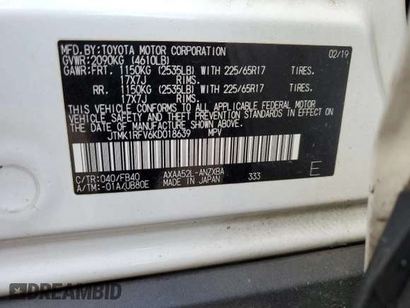 2019 Toyota RAV4 LE with VIN JTMK1RFV6KD018639, listed as a Copart auction lot 47793105 with 201,591 mi miles and Salvage Title. Bid and sale history available at carsss.com. Image 15.
