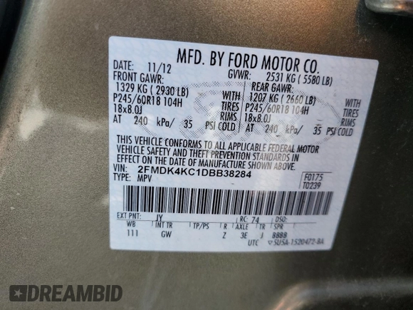 2013 Ford Edge Limited z VIN 2FMDK4KC1DBB38284, wystawiony jako Copart lot #58181755 z przebiegiem 112 842 mil mil oraz Szkody całkowita. Historia ofert i sprzedaży dostępna na DreamBid. Obrazek 14.