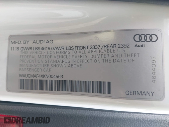 2019 Audi A4 Premium z VIN WAUGMAF4XKN004563, wystawiony jako IAAI lot #41637446 z przebiegiem 19 748 mil mil oraz . Historia ofert i sprzedaży dostępna na DreamBid. Obrazek 9.