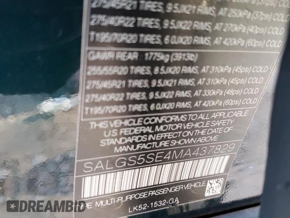 2021 Land Rover Range Rover z VIN SALGS5SE4MA437829, wystawiony jako Copart lot #48587515 z przebiegiem 49 304 mil mil oraz Szkoda całkowita • Salvage title. Historia ofert i sprzedaży dostępna na DreamBid. Obrazek 13.