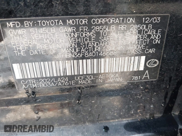 2004 Lexus LS 430 with VIN JTHBN36F840146688, listed as a IAAI auction lot 41960733 with Not Provided miles and . Bid and sale history available at DreamBid. Image 9.