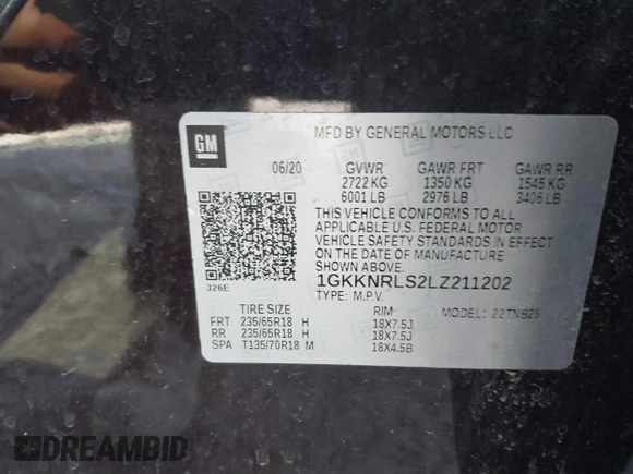 2020 GMC Acadia SLE z VIN 1GKKNRLS2LZ211202, wystawiony jako IAAI lot #41800521 z przebiegiem 62 104 mil mil oraz . Historia ofert i sprzedaży dostępna na DreamBid. Obrazek 9.