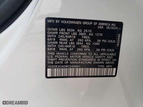 2024 Volkswagen Atlas Cross Sport 2.0T SE with VIN 1V2DE2CA0RC244941, listed as a Copart auction lot 84553054 with 9 mi miles and Salvage Title. Bid and sale history available at carsss.com. Image 13.