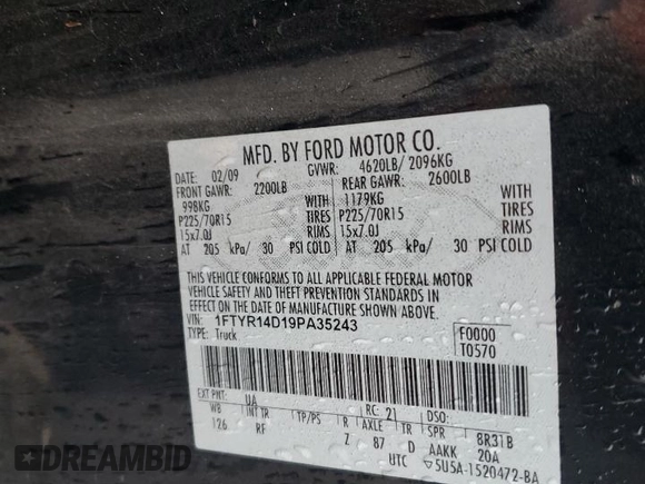 2009 Ford Ranger XL z VIN 1FTYR14D19PA35243, wystawiony jako Copart lot #54350615 z przebiegiem 207 866 mil mil oraz Szkoda całkowita • Salvage title. Historia ofert i sprzedaży dostępna na DreamBid. Obrazek 12.