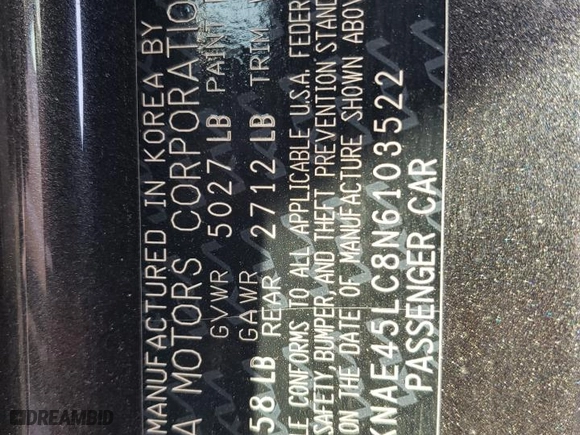 2022 Kia Stinger GT1 with VIN KNAE45LC8N6103522, listed as a Copart auction lot 41918305 with 73,346 mi miles and Salvage Title. Bid and sale history available at carsss.com. Image 12.