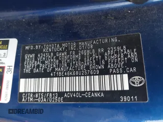 2008 Toyota Camry LE with VIN 4T1BE46K68U257609, listed as a IAAI auction lot 41704708 with 182,764 mi miles. Bid and sale history available at carsss.com. Image 9.