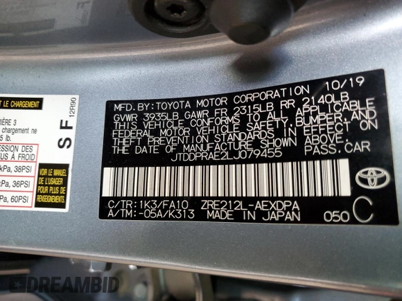2020 Toyota Corolla L with VIN JTDDPRAE2LJ079455, listed as a Copart auction lot 48621015 with 90,646 mi miles and Salvage Title. Bid and sale history available at carsss.com. Image 14.