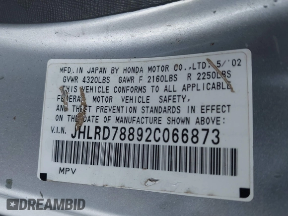 2002 Honda CR-V EX with VIN JHLRD78892C066873, listed as a IAAI auction lot 41773516 with 194,077 mi miles. Bid and sale history available at carsss.com. Image 9.