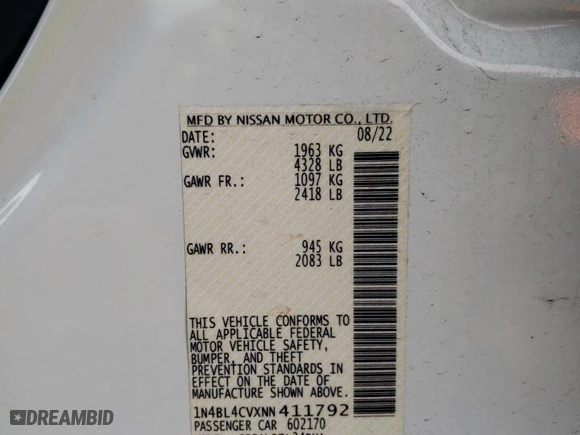 2022 Nissan Altima 2.5 SR with VIN 1N4BL4CVXNN411792, listed as a Copart auction lot 45891985 with 31,357 mi miles and Salvage Title. Bid and sale history available at carsss.com. Image 14.