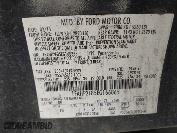 2014 Ford Taurus Limited с VIN 1FAHP2F85EG166865, выставлен на аукционе IAAI как лот 42409062 с пробегом 224 882 миль миль и . История ставок и продаж доступна на DreamBid. Изображение 9.