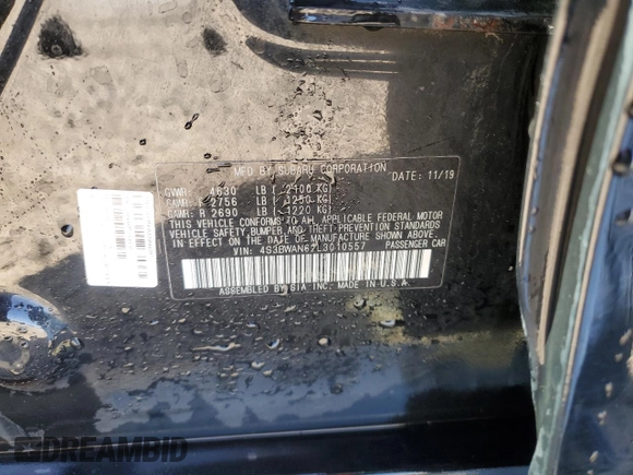 2020 Subaru Legacy Limited z VIN 4S3BWAN62L3010557, wystawiony jako Copart lot #52753765 z przebiegiem Nie podano mil oraz Szkoda całkowita • Salvage title. Historia ofert i sprzedaży dostępna na DreamBid. Obrazek 12.