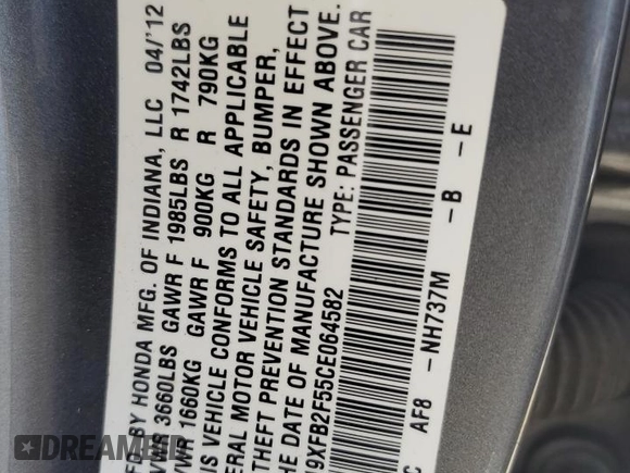 2012 Honda Civic LX с VIN 19XFB2F55CE064582, выставлен на аукционе Copart как лот 56233345 с пробегом 171 996 миль миль и Списание • Salvage title. История ставок и продаж доступна на DreamBid. Изображение 13.