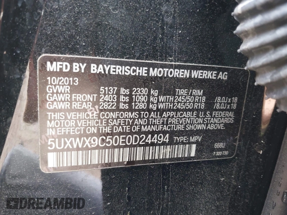 2014 BMW X3 xDrive28i with VIN 5UXWX9C50E0D24494, listed as a IAAI auction lot 41947605 with Not Provided miles and . Bid and sale history available at DreamBid. Image 9.