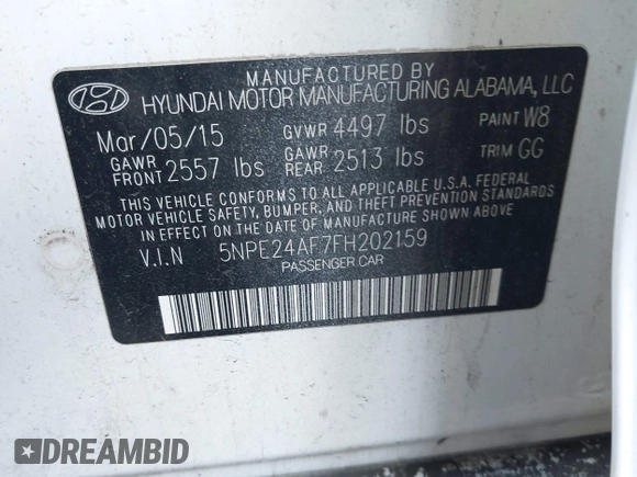 2015 Hyundai Sonata 2.4L SE with VIN 5NPE24AF7FH202159, listed as a IAAI auction lot 42104385 with 75,309 mi miles. Bid and sale history available at carsss.com. Image 9.