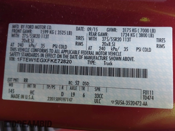 2015 Ford F-150 XLT with VIN 1FTEW1EGXFKE72820, listed as a IAAI auction lot 41807621 with Not provided miles and . Bid and sale history available at DreamBid. Image 9.