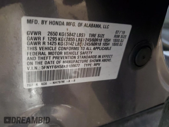 2019 Honda Pilot EX-L z VIN 5FNYF6H58KB100677, wystawiony jako Copart lot #61347595 z przebiegiem 59 987 mil mil oraz Szkoda całkowita • Salvage title. Historia ofert i sprzedaży dostępna na DreamBid. Obrazek 12.