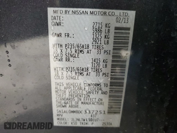 2013 Infiniti JX35 with VIN 5N1AL0MM8DC337251, listed as a Copart auction lot 72760754 with 156,741 mi miles and Salvage Title. Bid and sale history available at carsss.com. Image 13.