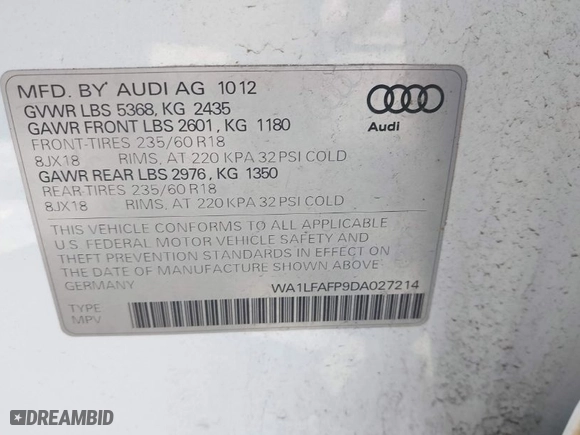 2013 Audi Q5 Premium Plus with VIN WA1LFAFP9DA027214, listed as a IAAI auction lot 42040393 with 173,280 mi miles. Bid and sale history available at carsss.com. Image 9.