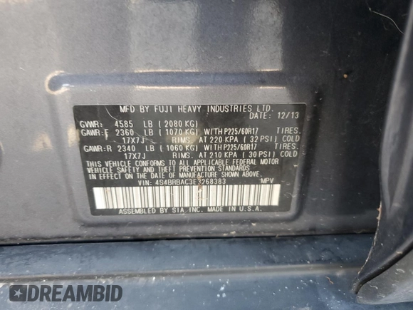 2014 Subaru Outback 2.5i with VIN 4S4BRBAC3E3268383, listed as a Copart auction lot 59486015 with 105,018 mi miles and Salvage title. Bid and sale history available at DreamBid. Image 14.